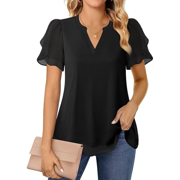 Women Chiffon Blouses Summer V Neck Petal Puff Sleeve Work Casual Top - Picture 3 of 5